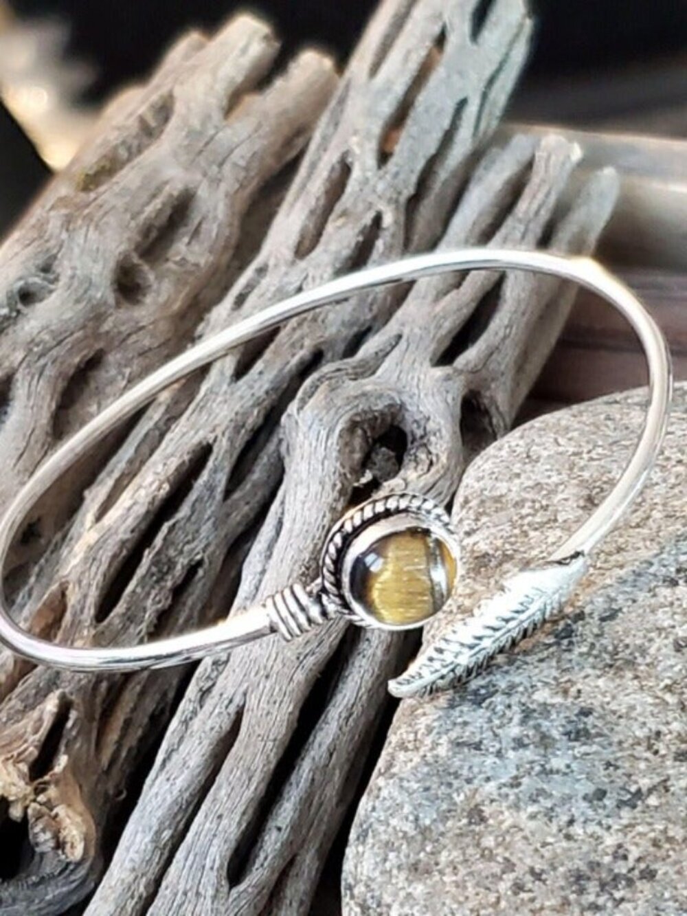 Handcrafted Tigers Eye Carved Leaf Gemstone Sterling Silver Overlay Artisan Cuff - Picture 3 of 7